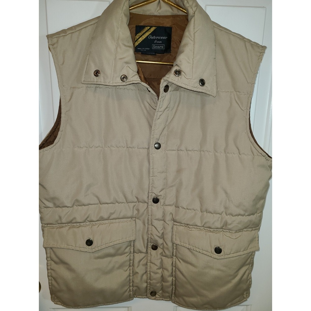 VTG Sears 80s Beige‎ Puffer Snap Zip Vest Down Insulated Skate Ski Retro Sz M